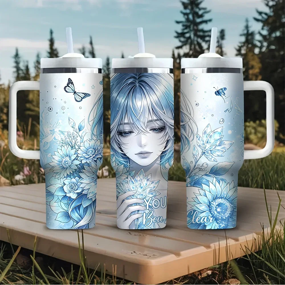 Outdoor Camping Anime - 40oz Saplı Bardak, Mavi Anime Kız
